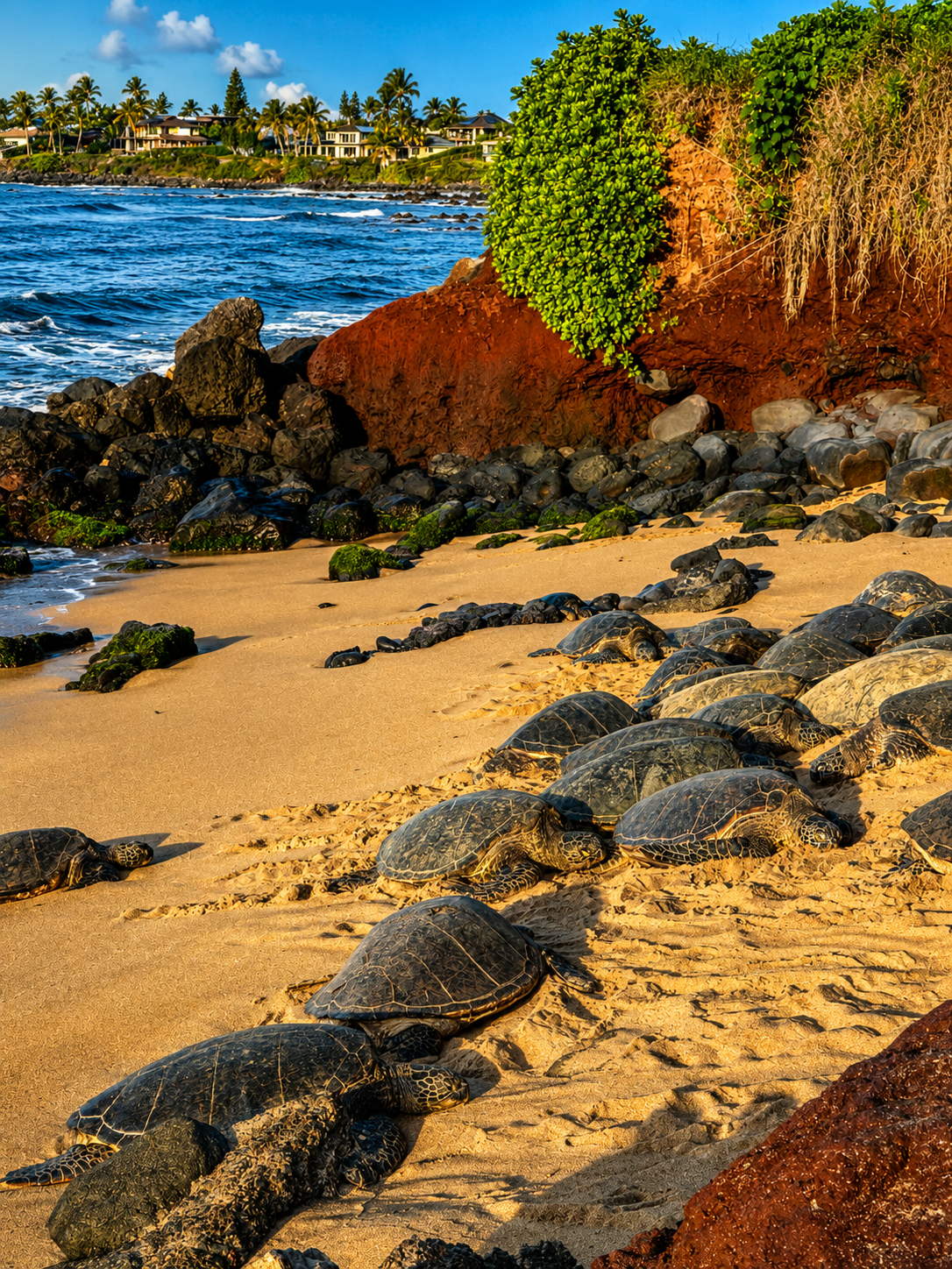 Green sea turtles basking on a Maui beach