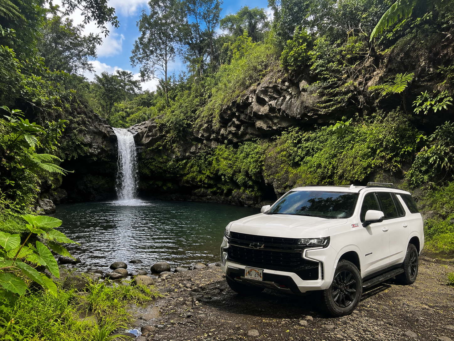 Our private tour SUV beside a Road to Hana waterfall