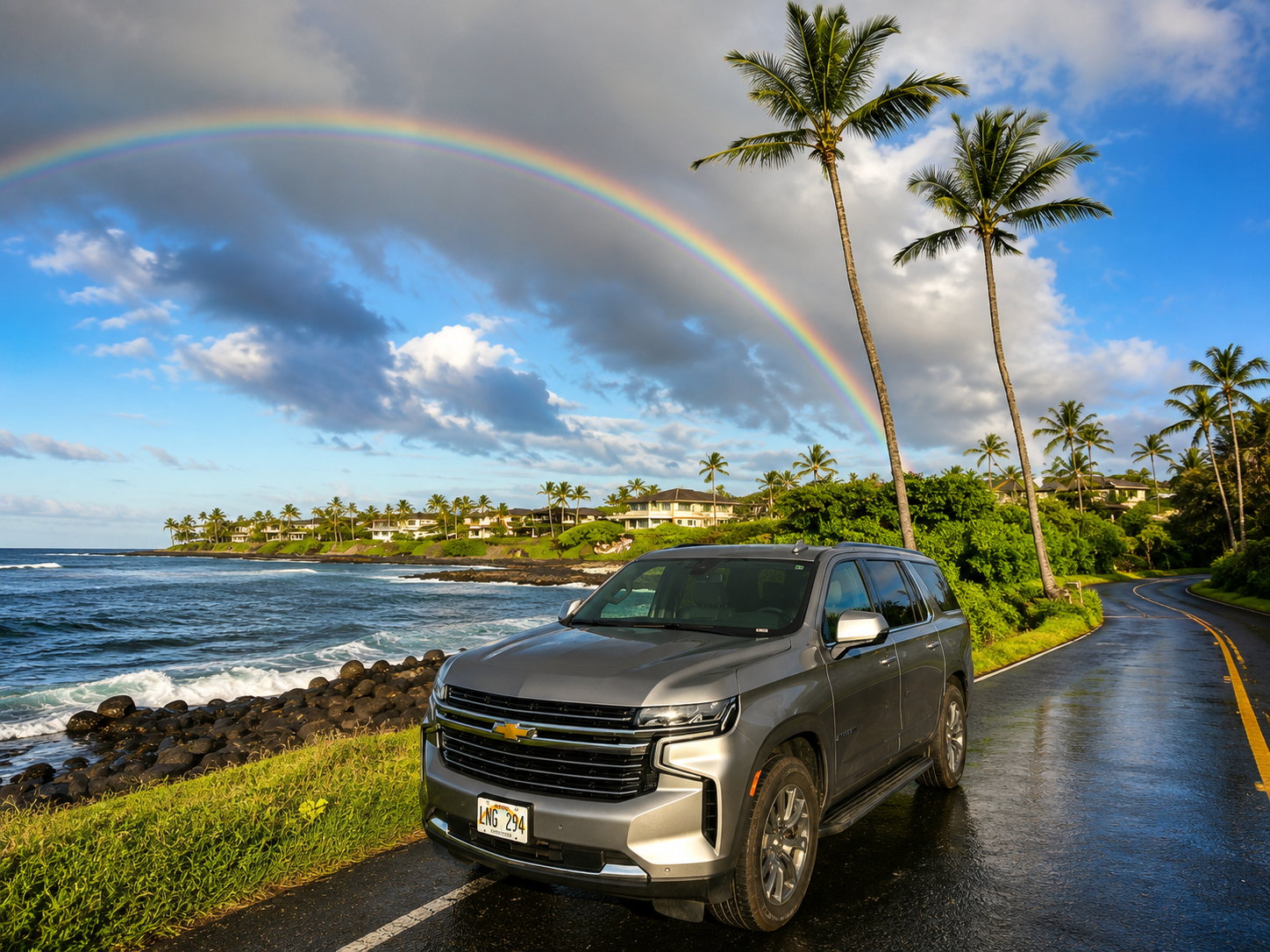 Our private tour SUV on the Maui coast under a rainbow
