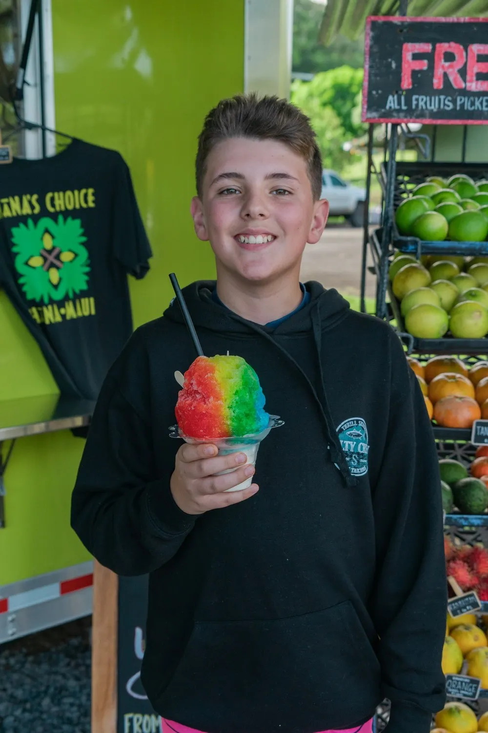 A shave ice stop at a roadside fruit stand